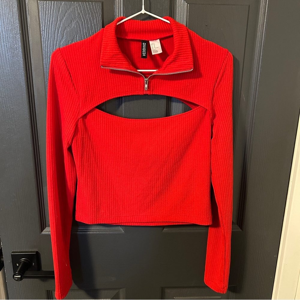 H&M Divided Red Zip-Up Cutout Long Sleeve Top